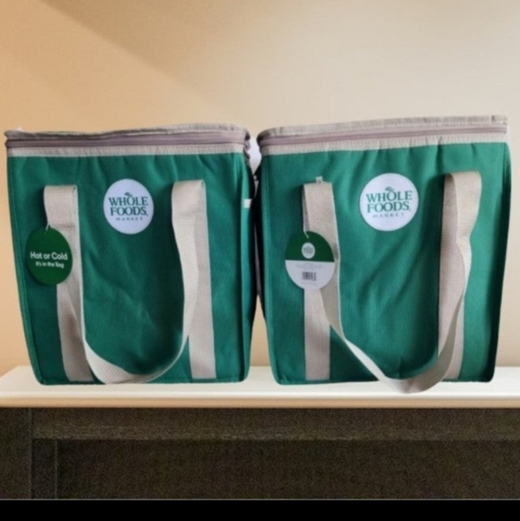 X2 WHOLE FOODS MARKET Insulated Reusable Cooler Green Grocery Shopping Bag - Picture 1 of 9